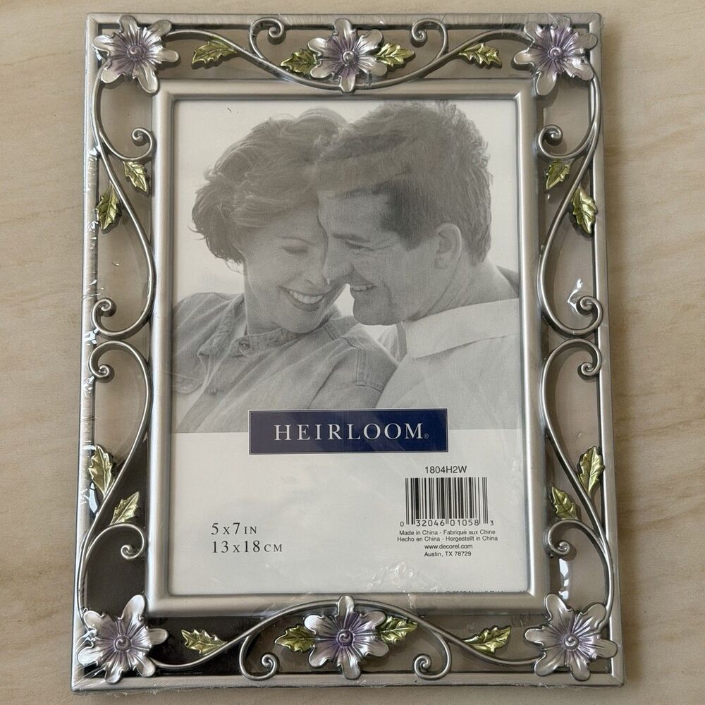 Heirloom 5x7 Victorian Floral Metal Photo Frame Silver Purple Green Vine Sealed